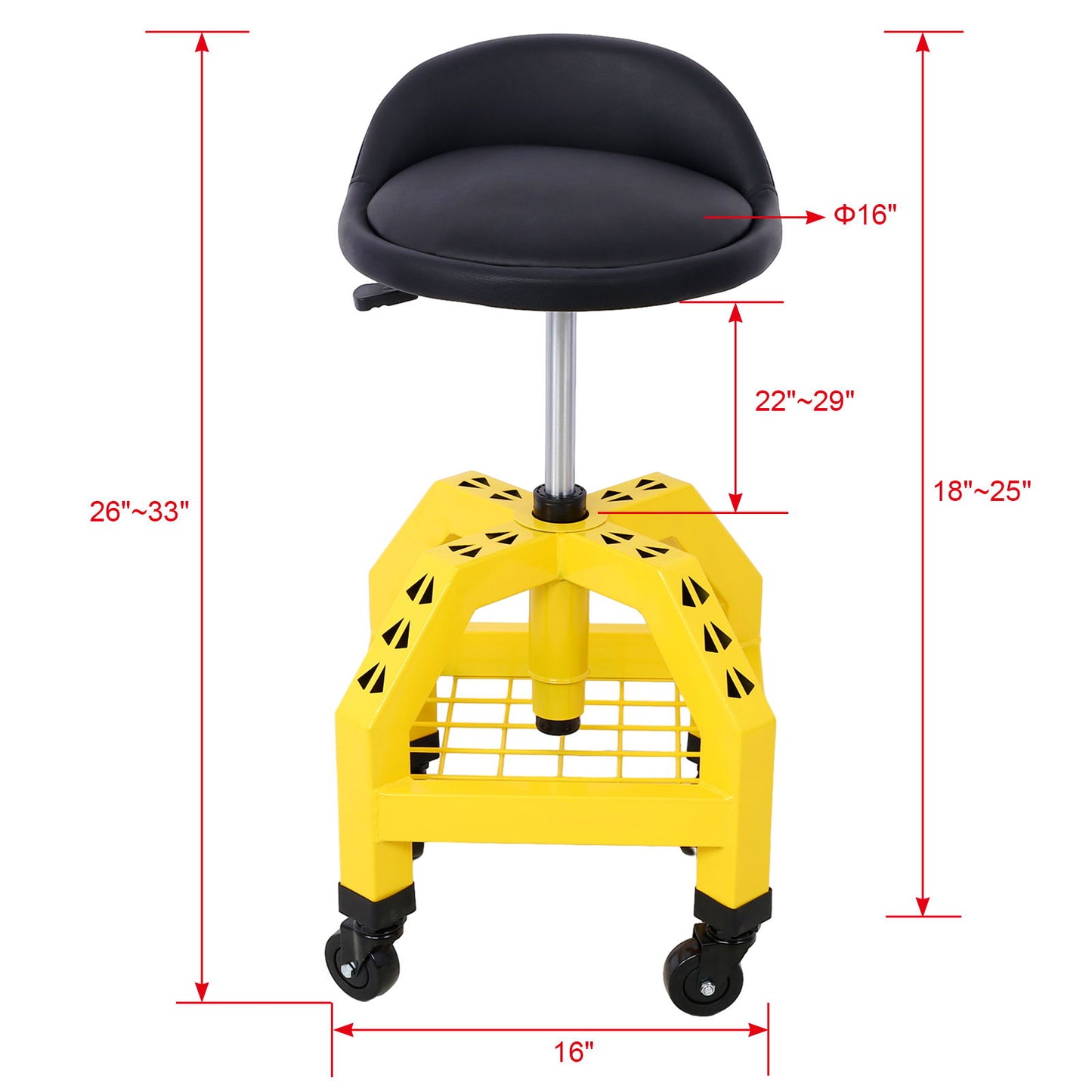 Pneumatic 360 Degree Swivel Stool with a round black seat and yellow base on four casters. Red arrows and measurements display seat size and adjustable height in inches. Ideal as a heavy-duty mechanics rolling creeper or shop stool.