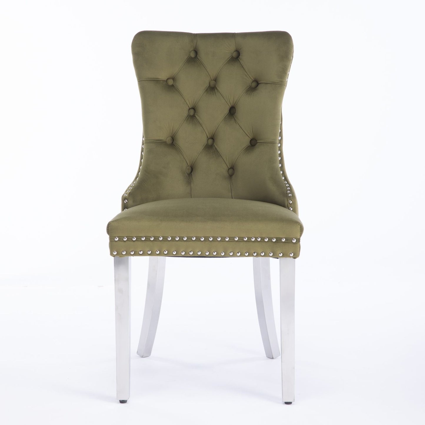 The Nikki dining chair set features modern, high-end velvet upholstery, a tufted backrest, nailhead trim, and chrome stainless steel-plated legs, shown against a plain white background.