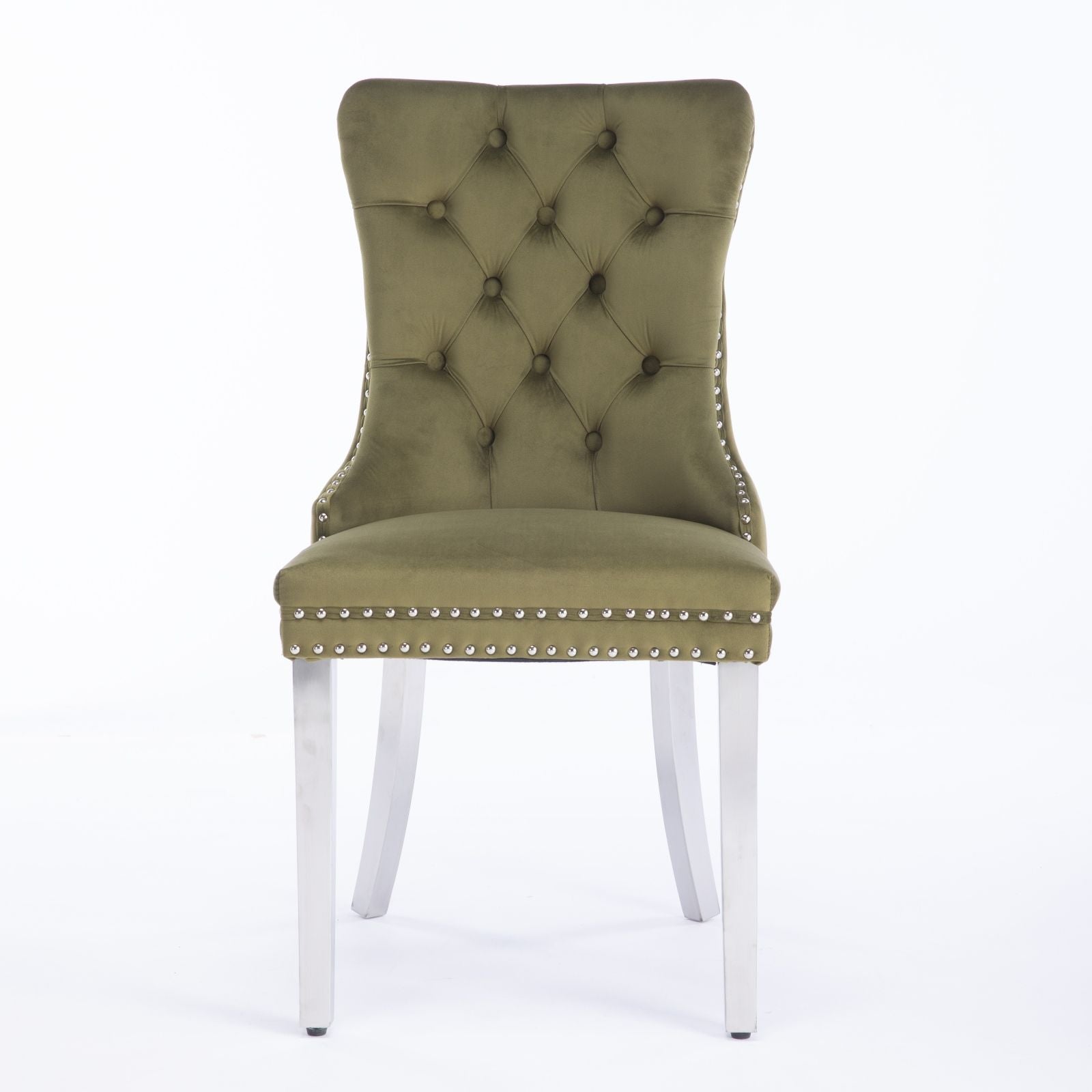 The Nikki dining chair set features modern, high-end velvet upholstery, a tufted backrest, nailhead trim, and chrome stainless steel-plated legs, shown against a plain white background.