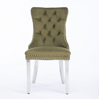 The Nikki dining chair set features modern, high-end velvet upholstery, a tufted backrest, nailhead trim, and chrome stainless steel-plated legs, shown against a plain white background.