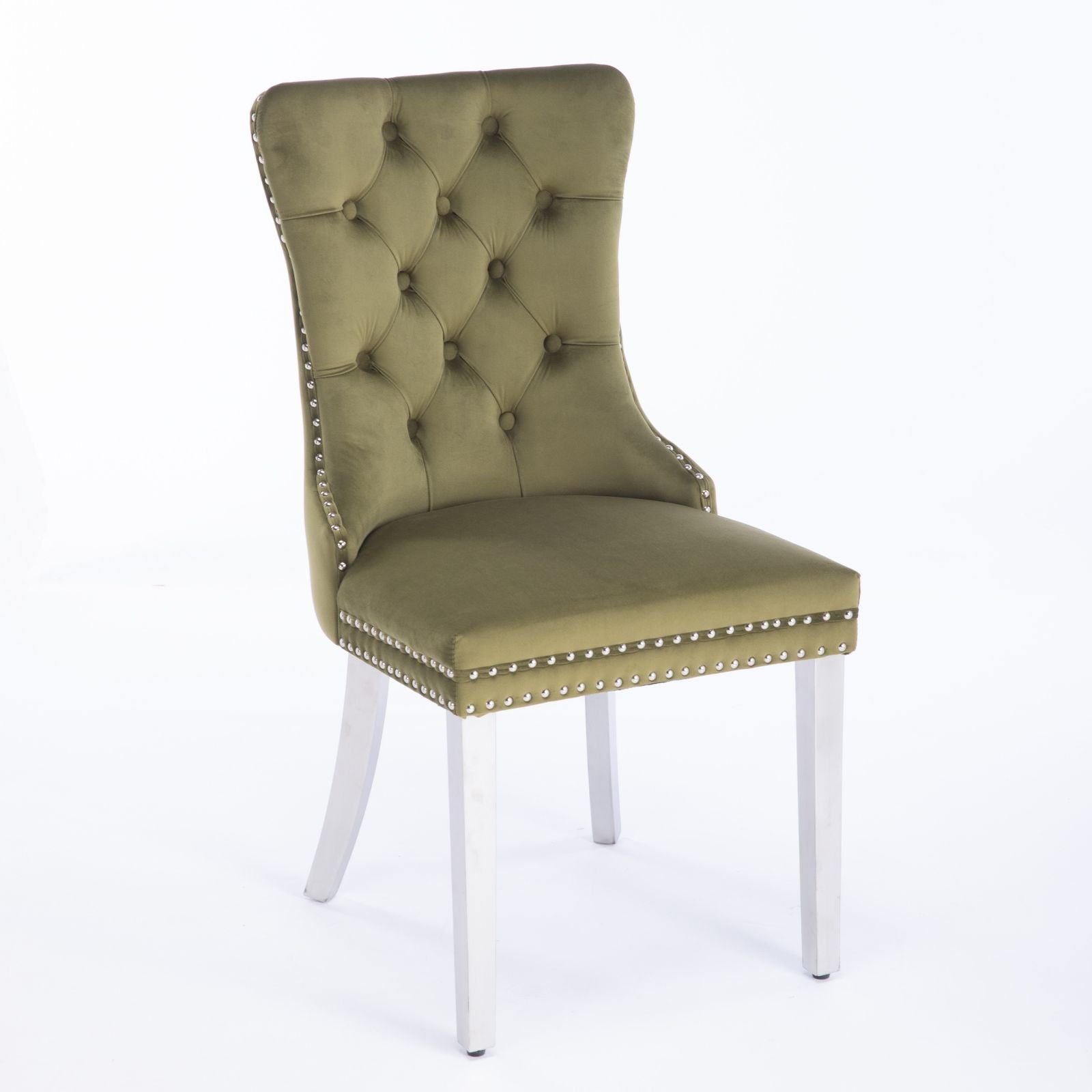 The Nikki dining chair set features modern green velvet upholstery, a tufted back, nailhead trim, and sturdy chrome stainless steel legs for a high-end contemporary look.