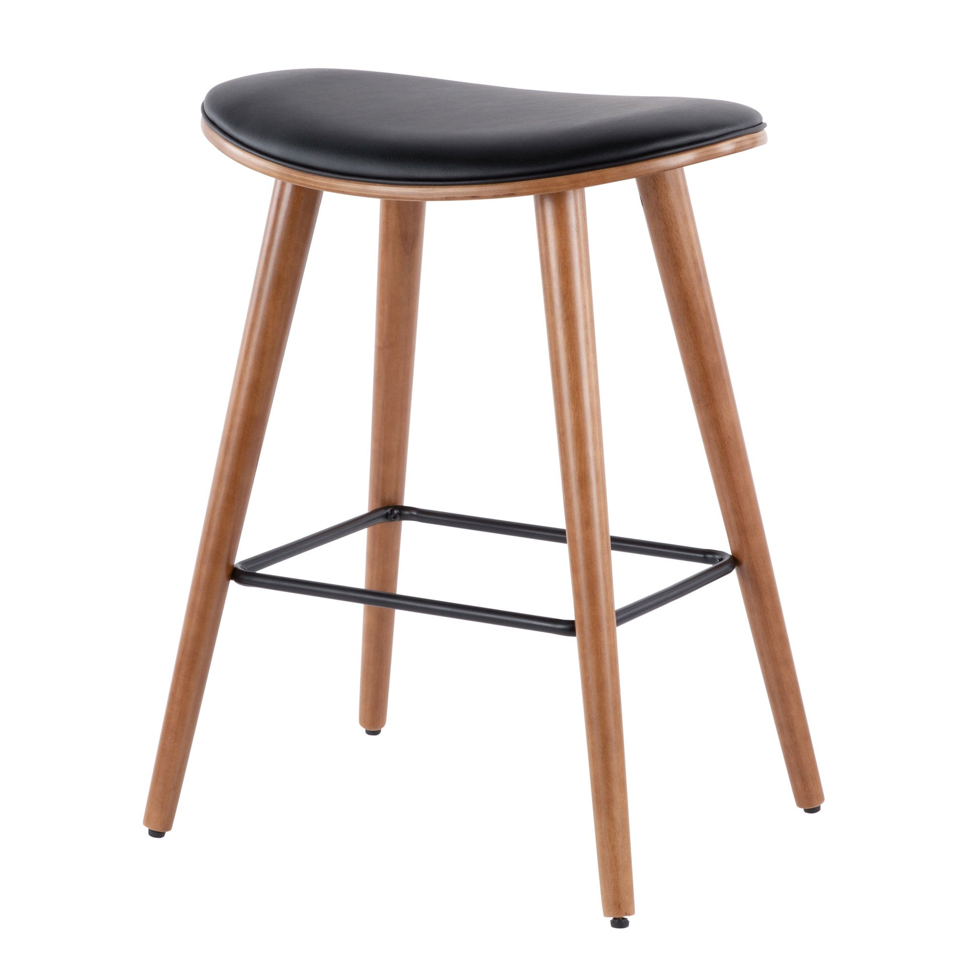 The Saddle - Contemporary Counter Stool (Set of 2) features a minimalist design with four wooden legs, a black cushioned seat, black metal footrest, and a slightly curved seat for modern style.