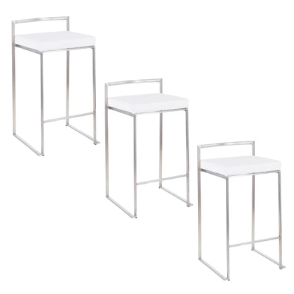 The Fuji Contemporary Elegant Stackable Counter Stool Set features three modern stools with white cushioned seats, sleek silver metal frames, and low backrests arranged diagonally on a white background.