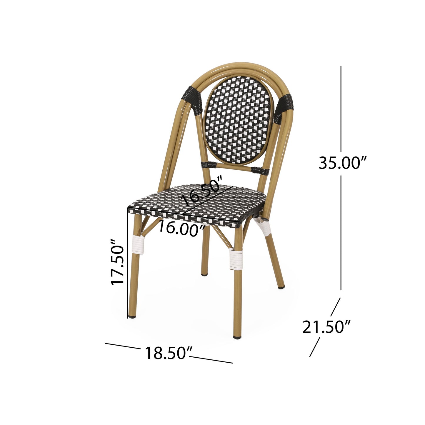 The Outdoor Rattan And Aluminum French Bistro Chair Set features a curved backrest and a checkered black-and-white rattan seat and back. Each chair measures 35" tall, with a 17.5" seat height, 16"x16.5" seat, 18.5" width, and 21.5" depth.