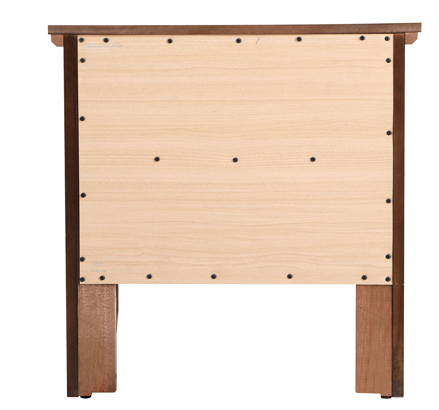 A back view of the Primo - Nightstand, featuring a light wood panel secured by multiple black screws to a darker wood frame and legs.