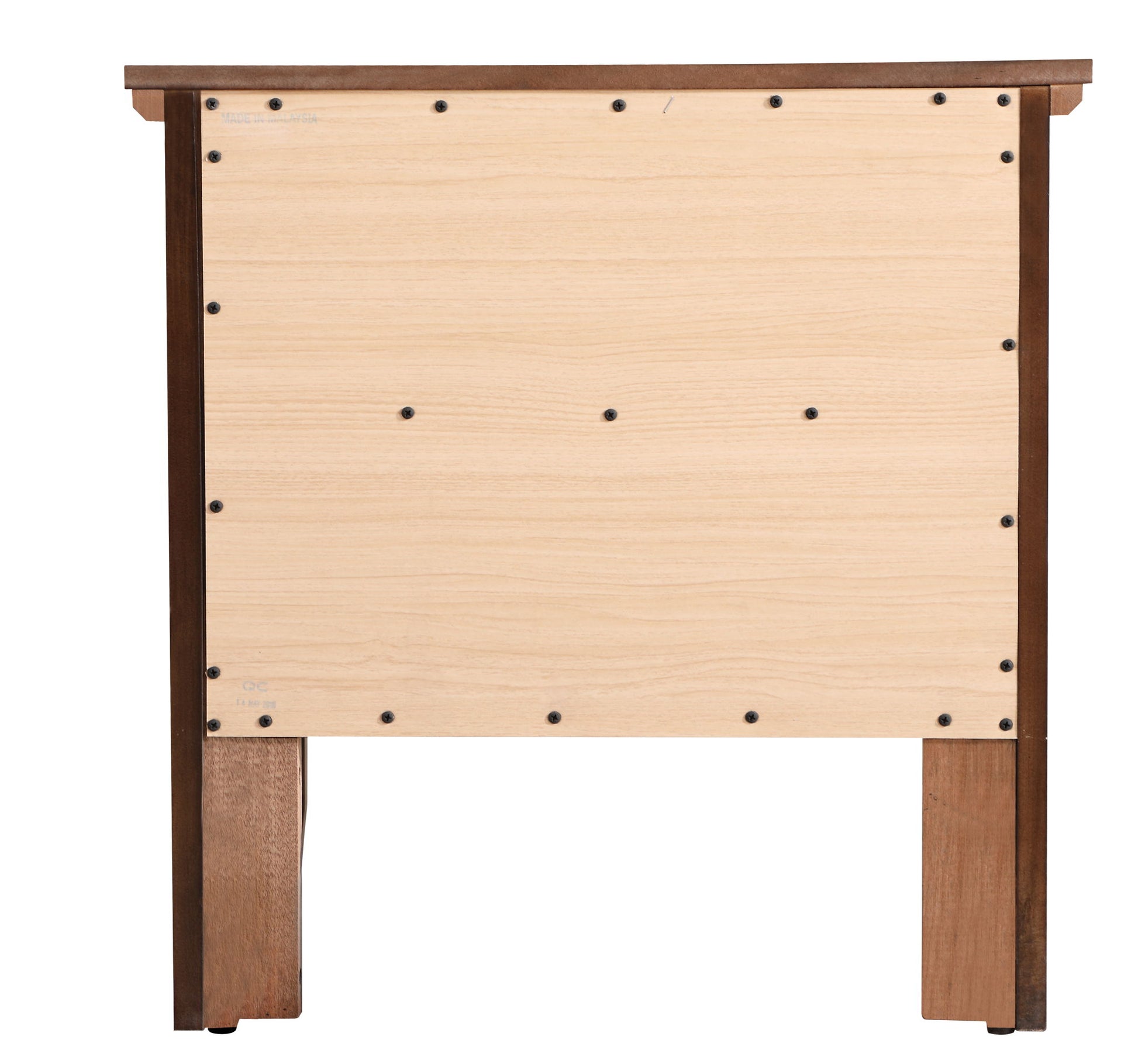 A back view of the Primo - Nightstand, featuring a light wood panel secured by multiple black screws to a darker wood frame and legs.