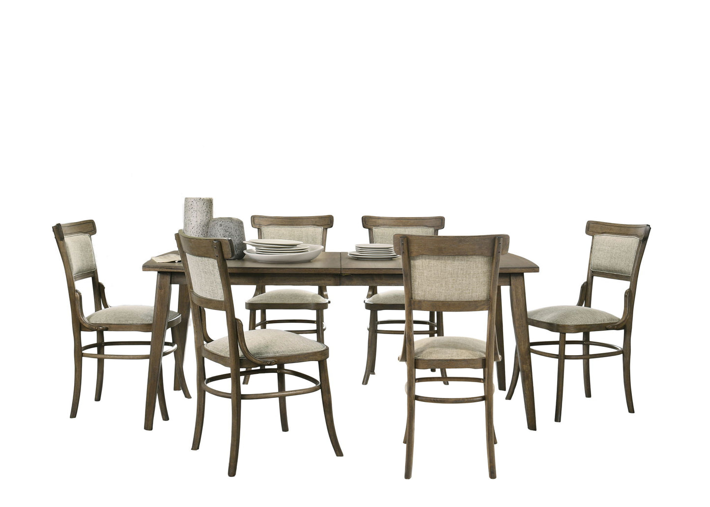 The Bistro Dining Table comes with six off white fabric chairs. The table is styled with stacked plates and ceramic vases, shown on a clean white background.