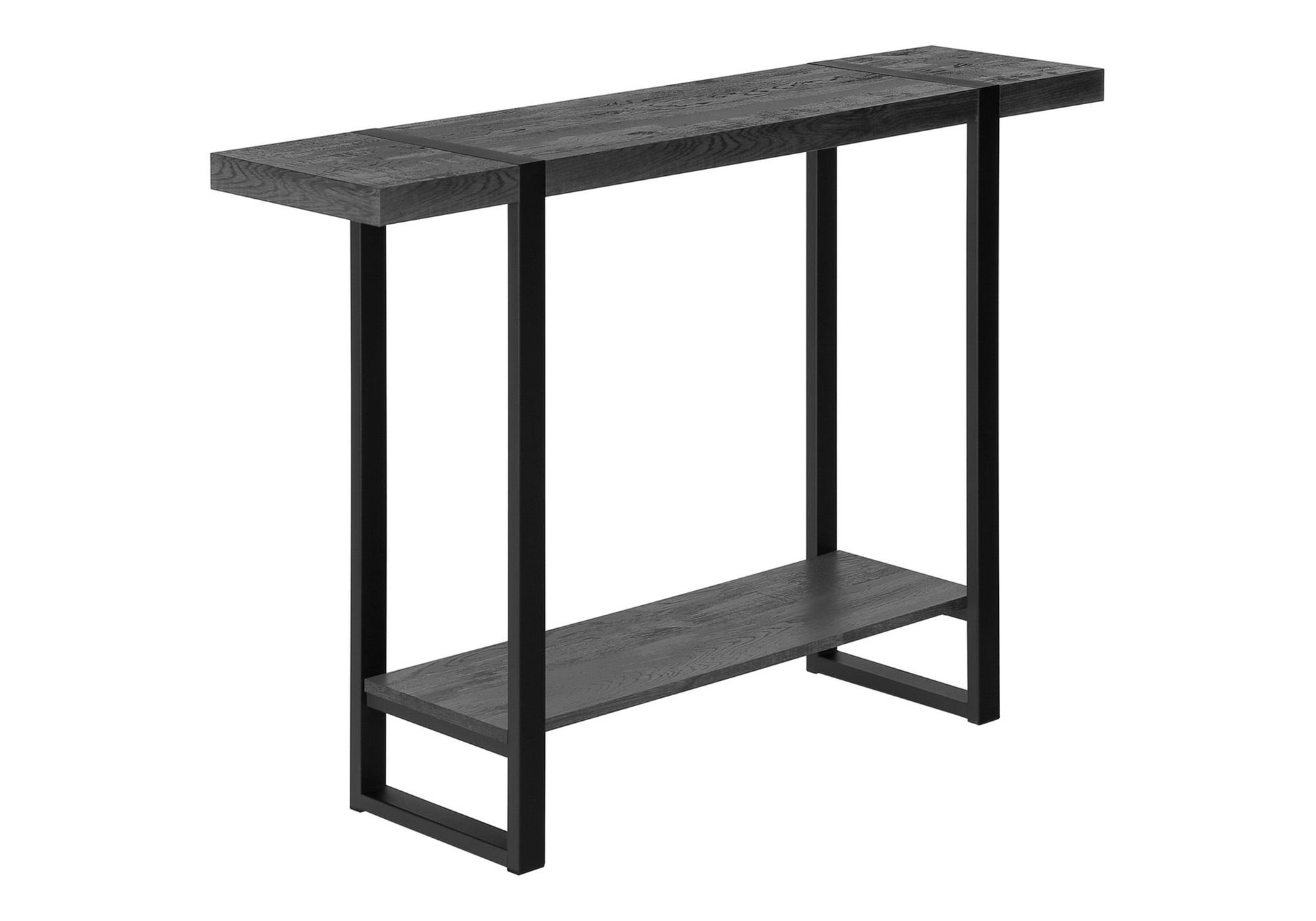The Accent Console Table For Entryway features a modern black design with a rectangular wooden top, matching lower shelf, and sleek metal frame legs, shown against a white background.