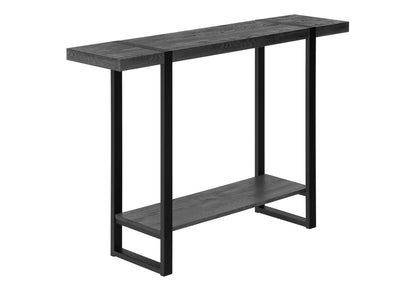 The Accent Console Table For Entryway features a modern black design with a rectangular wooden top, matching lower shelf, and sleek metal frame legs, shown against a white background.