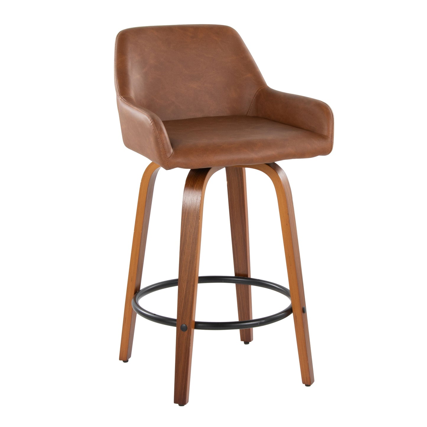 The Daniella Contemporary Fixed Height Counter Stool features a swivel seat, round footrest, curved backrest, wooden legs, and mid-century modern design. Sold as a set of 2.