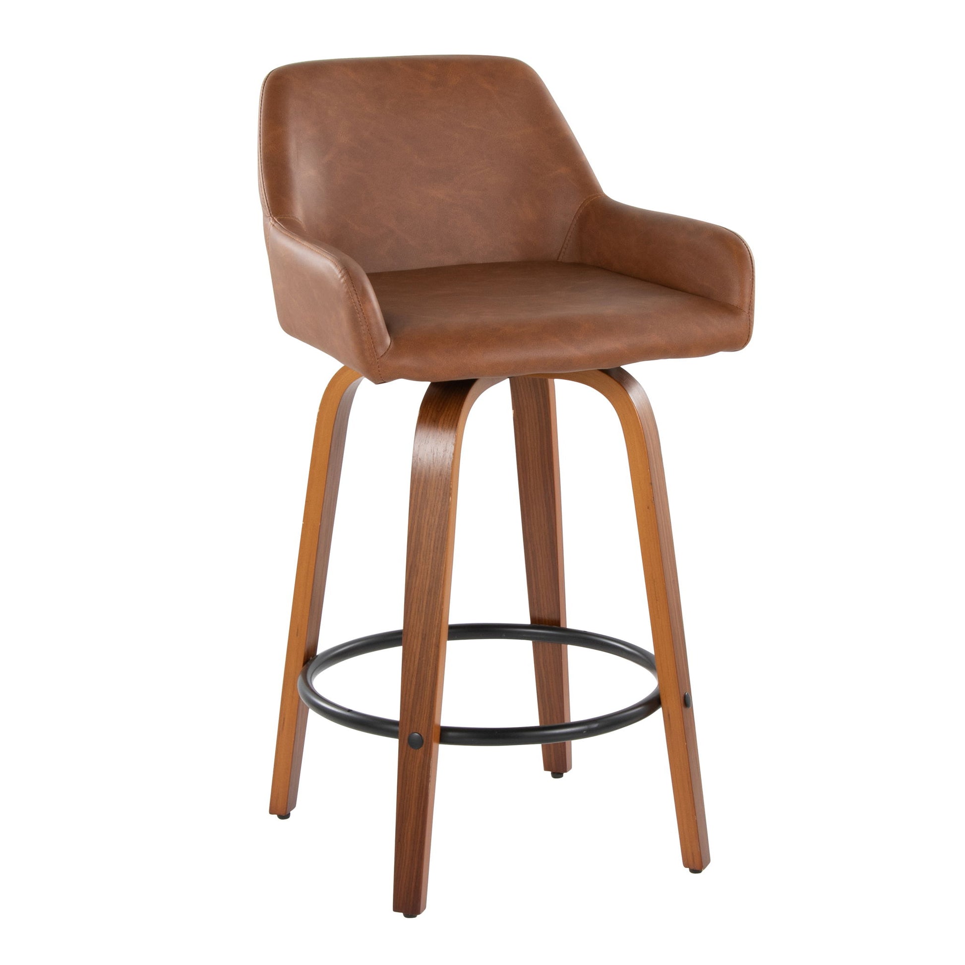 The Daniella Contemporary Fixed Height Counter Stool features a swivel seat, round footrest, curved backrest, wooden legs, and mid-century modern design. Sold as a set of 2.