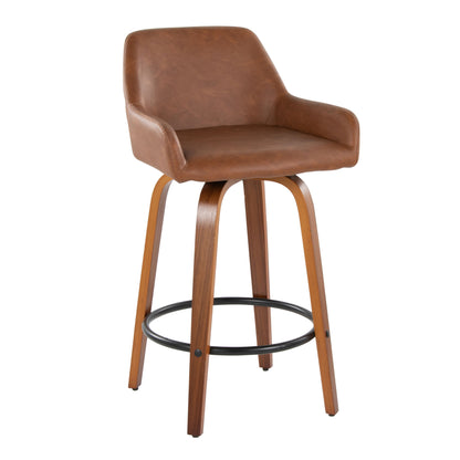 The Daniella Contemporary Fixed Height Counter Stool features a swivel seat, round footrest, curved backrest, wooden legs, and mid-century modern design. Sold as a set of 2.