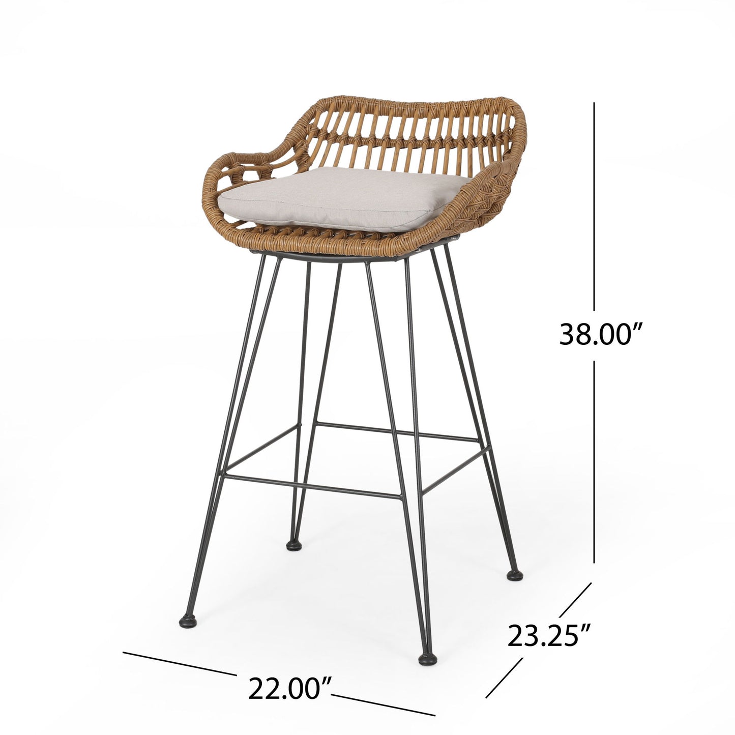 The Outdoor Rattan Bar Chair With Metal Legs features a woven rattan-style backrest and seat, light gray cushion, slim black metal legs, and measures 38"H x 22"W x 23.25"D.
