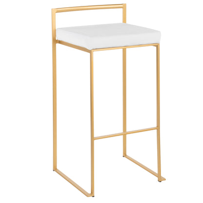 The Fuji barstool features a gold metal frame, square white cushioned seat, clean lines, a low open back, and a minimalistic contemporary/glam design with quality construction.