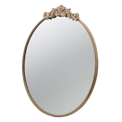 The Classic Design Mirror features a baroque-inspired gold ornate frame with decorative detailing and is shown at an angle against a plain background, perfect for bathroom or entryway console, leaning against the wall.