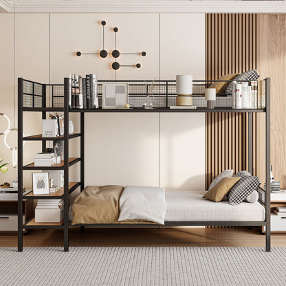 A modern room features the Bunk Bed With 5 Tier Shelves in black metal; the top bunk has shelves with books and decor, while the lower bunk displays beige bedding and throw pillows. Decorative wall panels and geometric art complete the look.
