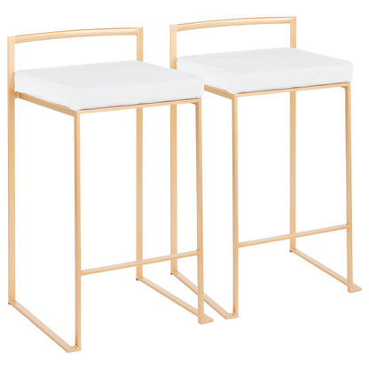 The Fuji Contemporary/Glam Counter Stool Set of 2 features gold metal frames with straight legs, white cushioned square seats, and low rectangular backrests for a minimalist, modern look.