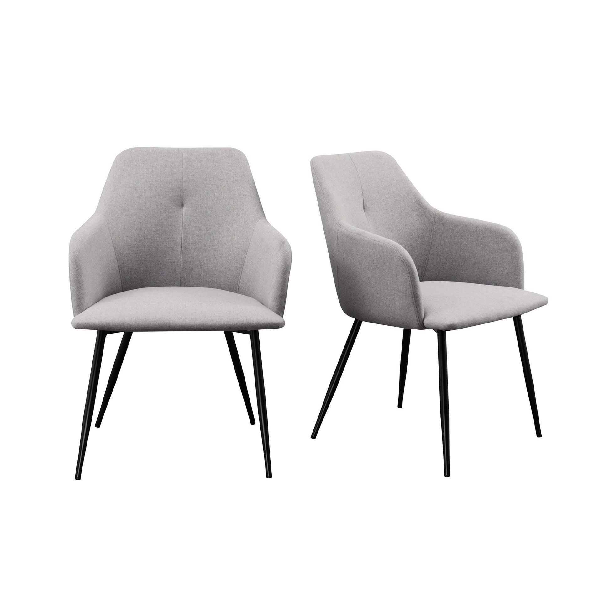 A pair of Contemporary Upholstered Woven Dining Chairs with curved backs and armrests, featuring gray fabric and black metal legs, are placed side by side on a white background for a sleek, minimalist appearance.