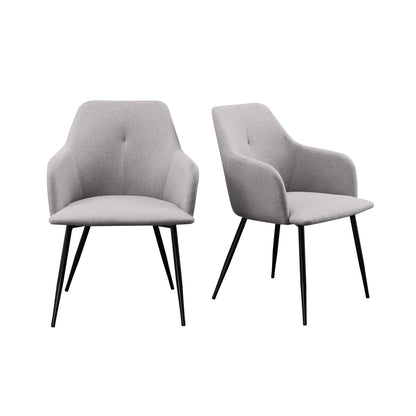 A pair of Contemporary Upholstered Woven Dining Chairs with curved backs and armrests, featuring gray fabric and black metal legs, are placed side by side on a white background for a sleek, minimalist appearance.