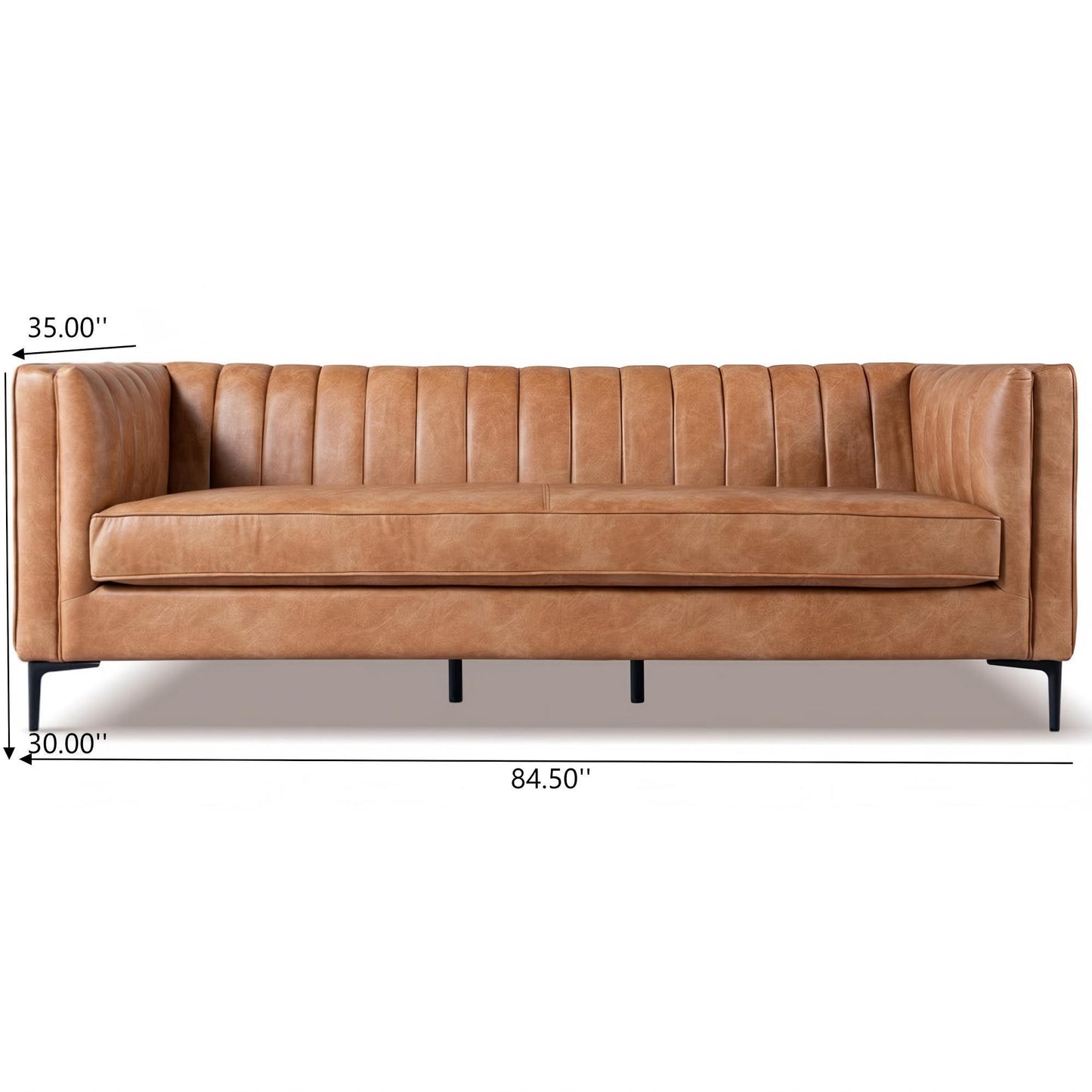 The Angelina Channel Tufted Sofa features tan leather with vertical tufting on the backrest and arms, and sturdy black legs. Dimensions are 35"H x 30"D x 84.5"W, as indicated in the labeled image.