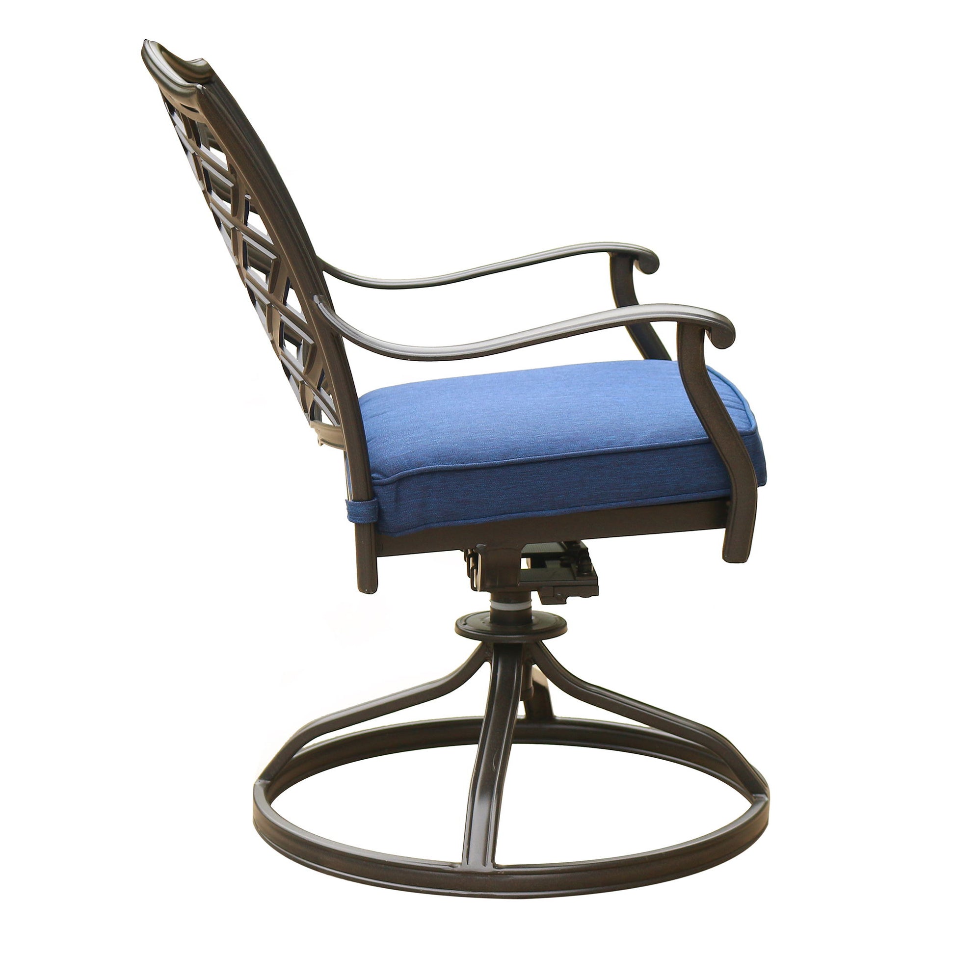 Side view of the Outdoor Patio Aluminum Swivel Rocker Dining Chair With Cushion (Set of 2), featuring a decorative lattice backrest, curved armrests, a blue cushion, and a circular swivel base.