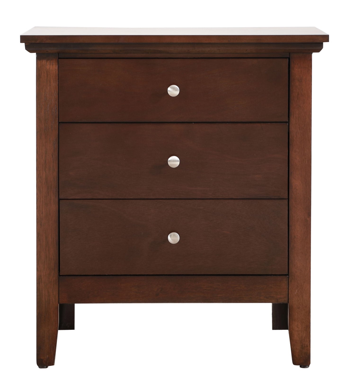 The Hammond 3 Drawer Nightstand features a dark brown wood finish, three drawers with silver round knobs, a rectangular shape, and a simple modern design.
