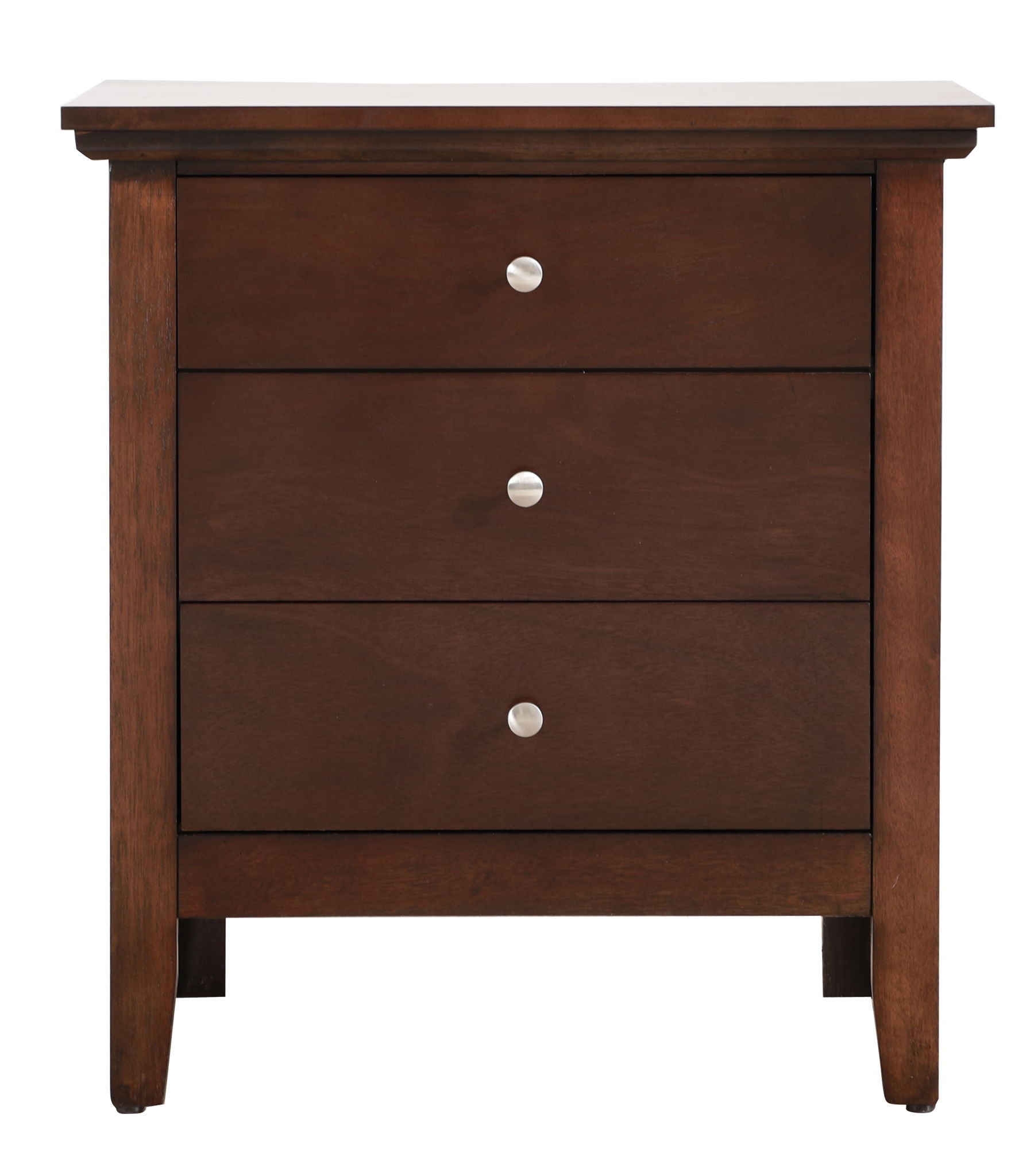 The Hammond 3 Drawer Nightstand features a dark brown wood finish, three drawers with silver round knobs, a rectangular shape, and a simple modern design.