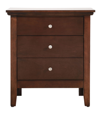 The Hammond 3 Drawer Nightstand features a dark brown wood finish, three drawers with silver round knobs, a rectangular shape, and a simple modern design.
