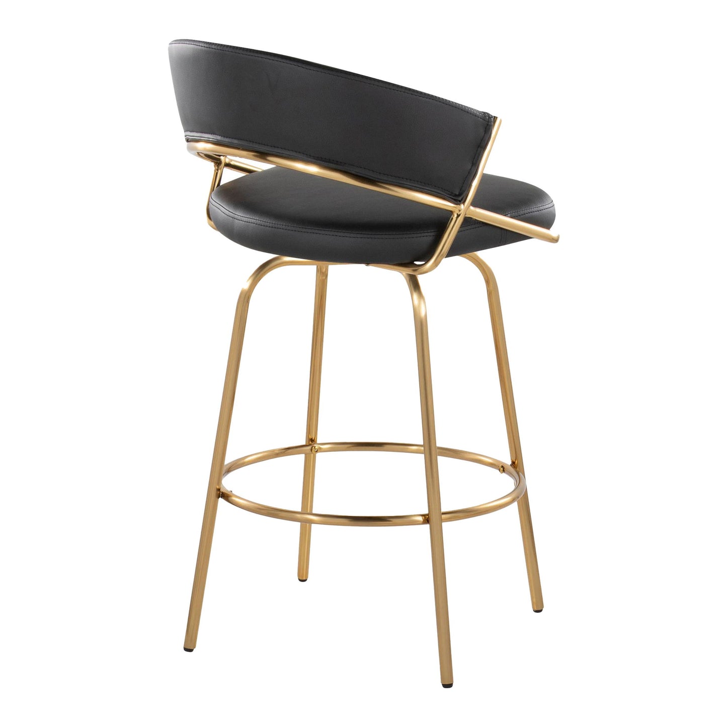 The Jie - Glam Fixed Height Counter Stool (Set of 2) features a black cushioned seat and backrest with gold metal accents, sleek gold legs, and a circular footrest. Gold detailing on the backrest stands out against the white background.