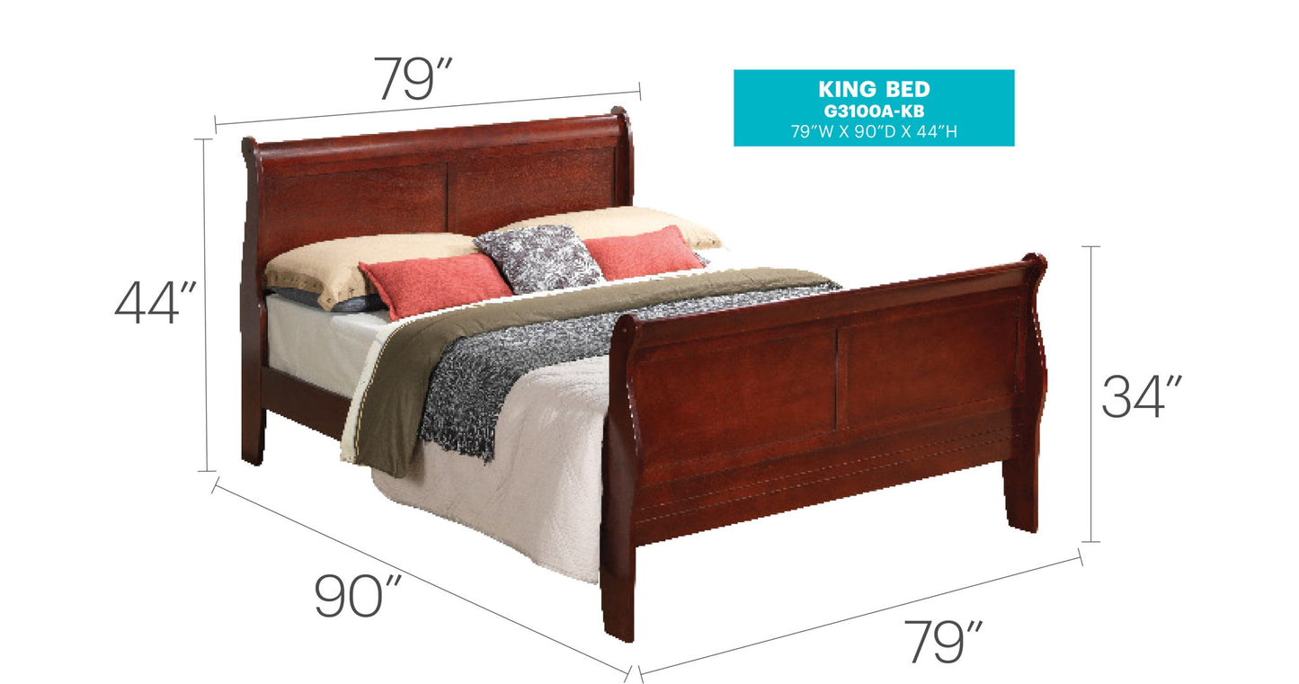 The Panel Sleigh Bed is a wooden king bed with headboard (44" high) and footboard (34" high), shown with bedding and pillows. Dimensions: 79"W x 90"L. Model: G3100A-KB.