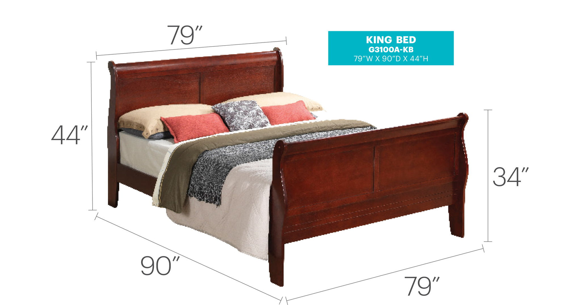 The Panel Sleigh Bed is a wooden king bed with headboard (44" high) and footboard (34" high), shown with bedding and pillows. Dimensions: 79"W x 90"L. Model: G3100A-KB.