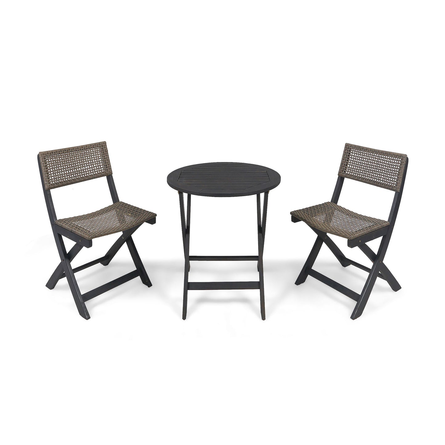 The Evergreen Outdoor Dining Set features a small round black table and two matching folding chairs with woven brown seats and backs, presented against a plain white background.
