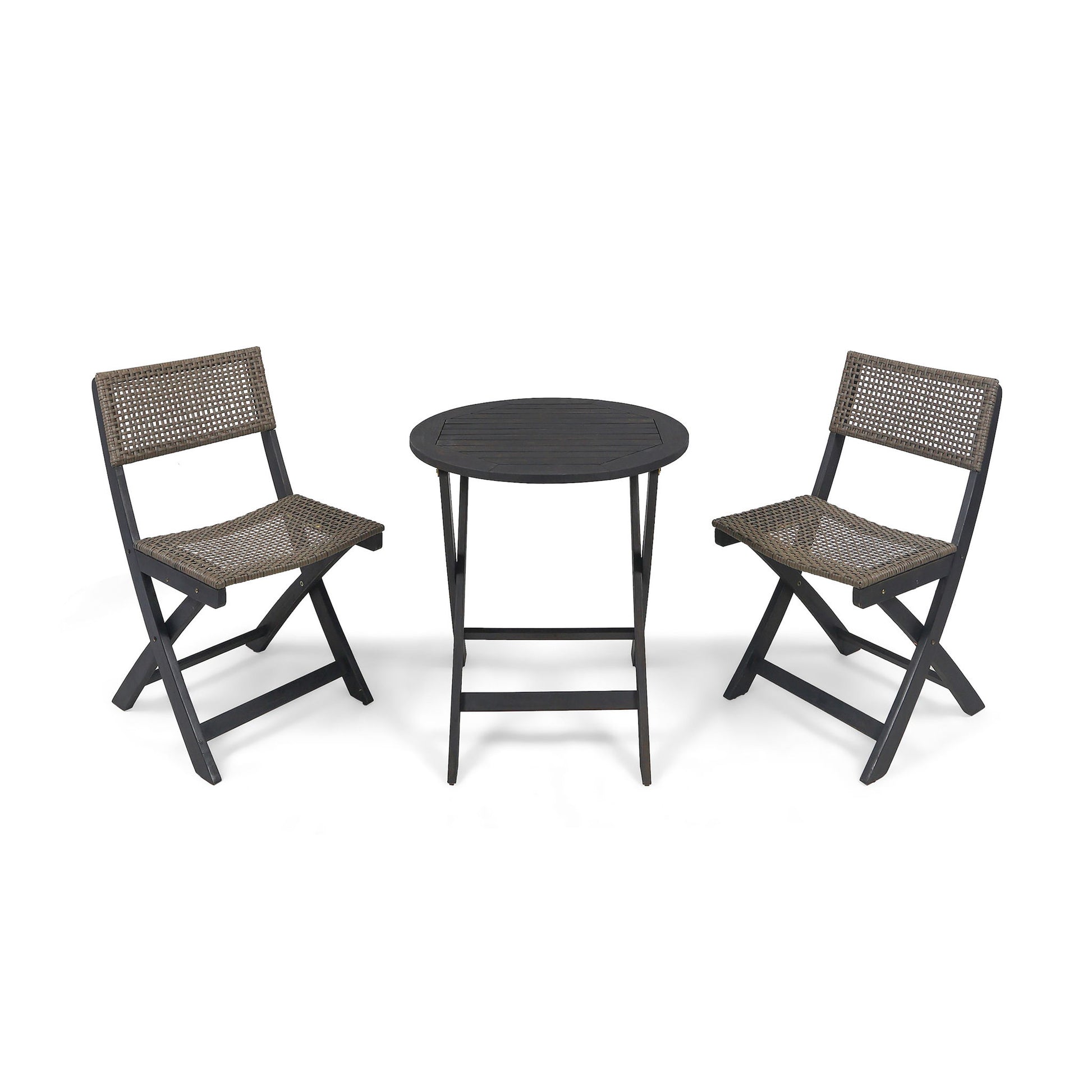 The Evergreen Outdoor Dining Set features a small round black table and two matching folding chairs with woven brown seats and backs, presented against a plain white background.