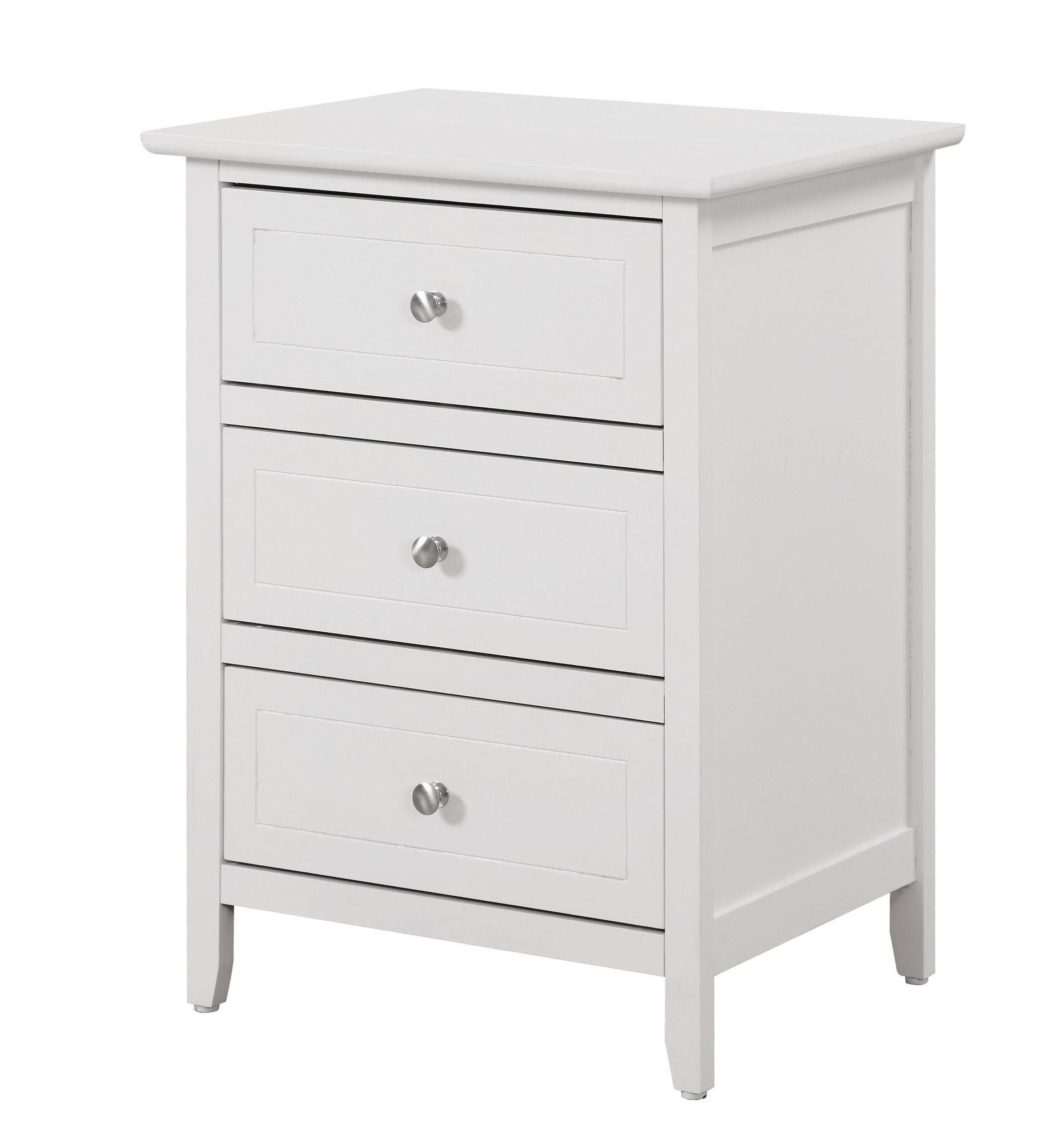 The Daniel - 3 Drawer Nightstand is a white wooden piece with three drawers, each featuring a round silver knob. It has simple, clean lines and stands on four short legs.