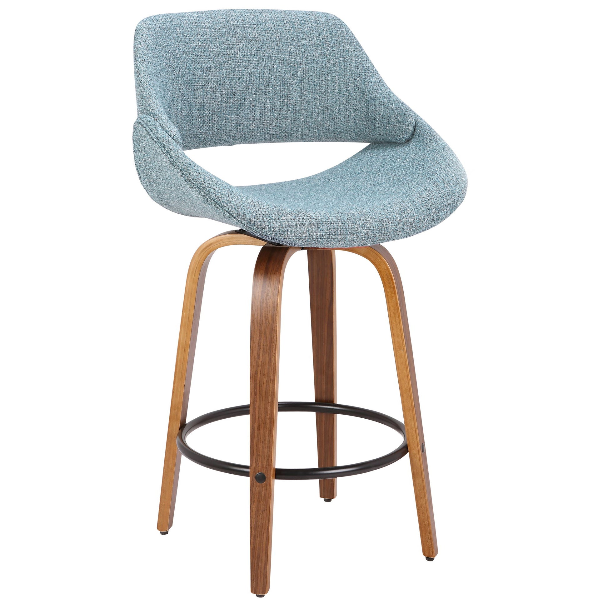 The Fabrico - Mid Century Inviting Design Modern Counter Stool features a curved, light blue upholstered seat with a low backrest and open lower back, set on wooden legs with a black circular footrest.