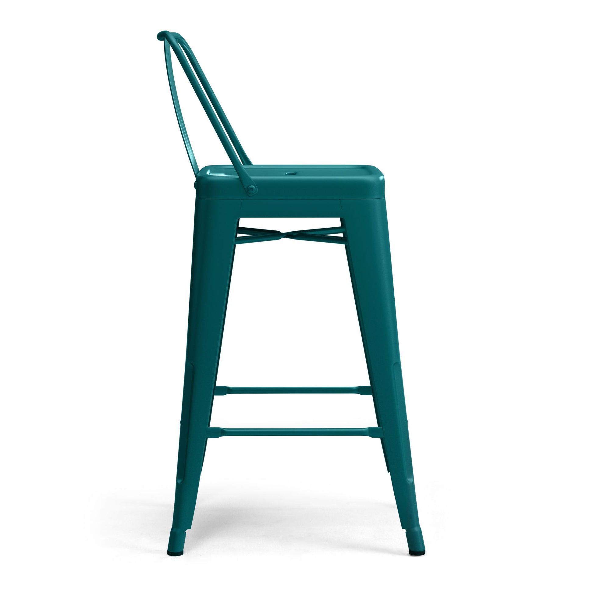 The Rayne Multifunctional Metal Stool in teal features a high, slightly curved backrest and four straight legs, shown from the side against a plain white background.