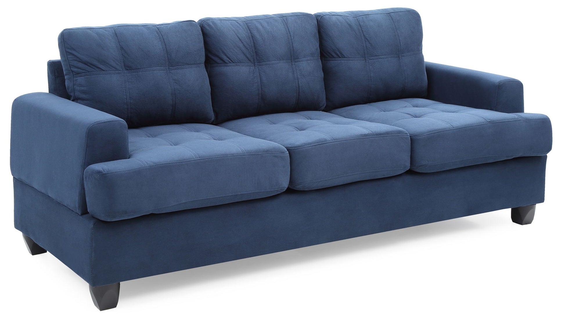 The Sandridge Sofa is a modern blue fabric sofa featuring three seat cushions, three back cushions, and square armrests, displayed on short black legs against a white background.