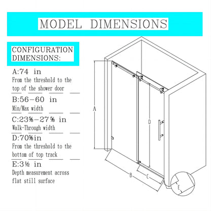 Frameless, Single Sliding Soft Close Shower Doors, 5/16" Sgcc Tempered Glass