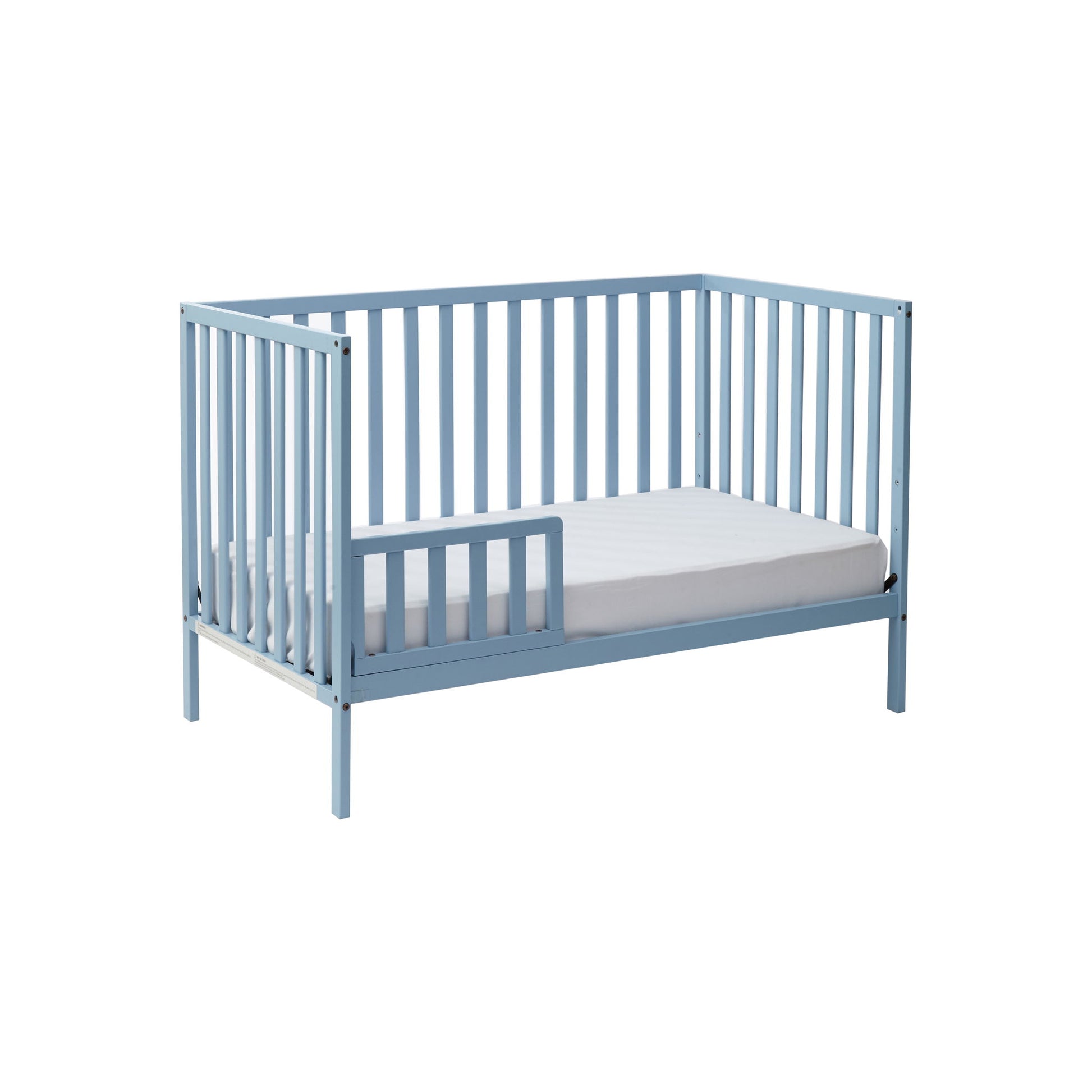 The Palmer 3-in-1 Convertible Island Crib is shown in light blue with vertical slats, an open front side, and a white mattress, set against a plain white background.