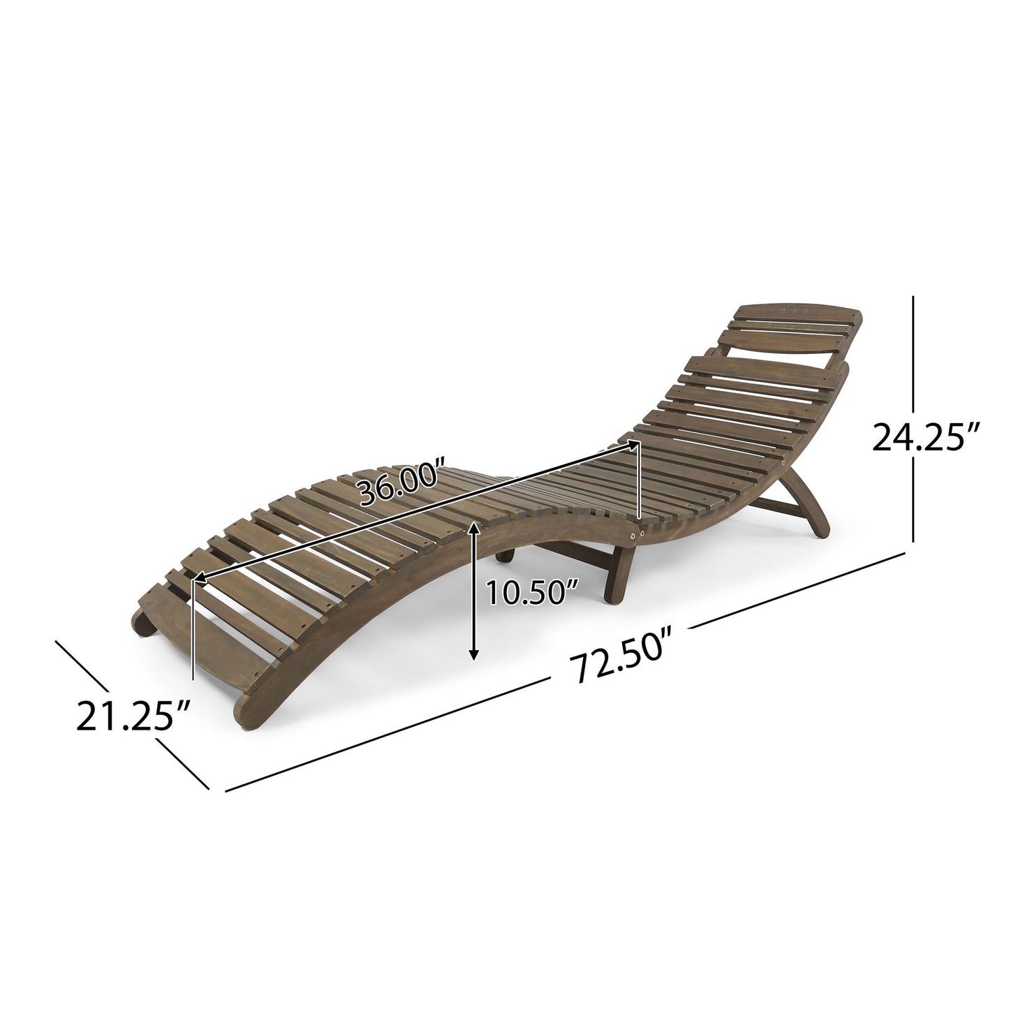 The Lahaina - Wood Foldable Chaise Lounge features a slatted design, curved shape, and measures 72.5" L x 21.25" W x 24.25" H (back), with a seat height of 10.5" and a seat length of 36".