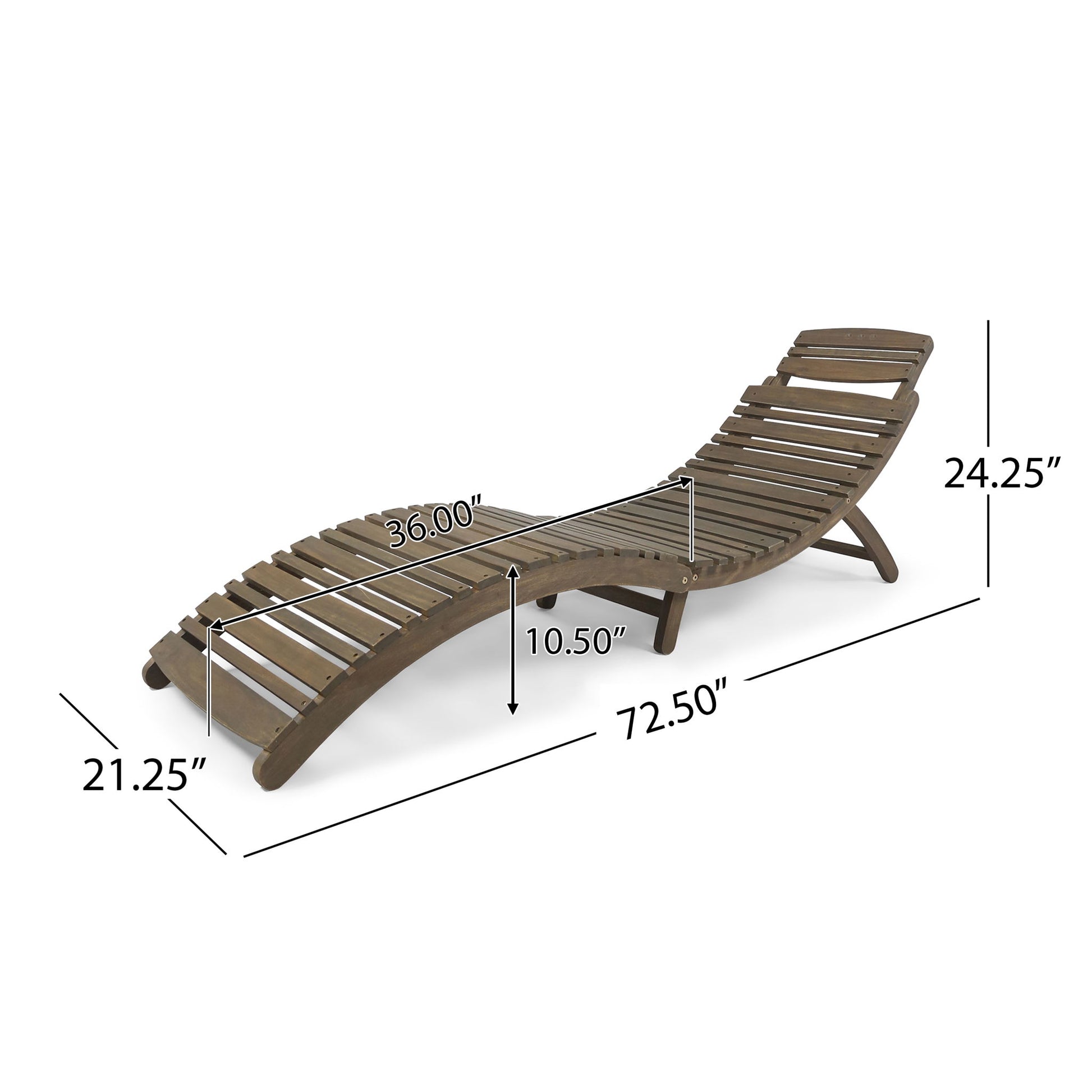 The Lahaina - Wood Foldable Chaise Lounge features a slatted design, curved shape, and measures 72.5" L x 21.25" W x 24.25" H (back), with a seat height of 10.5" and a seat length of 36".