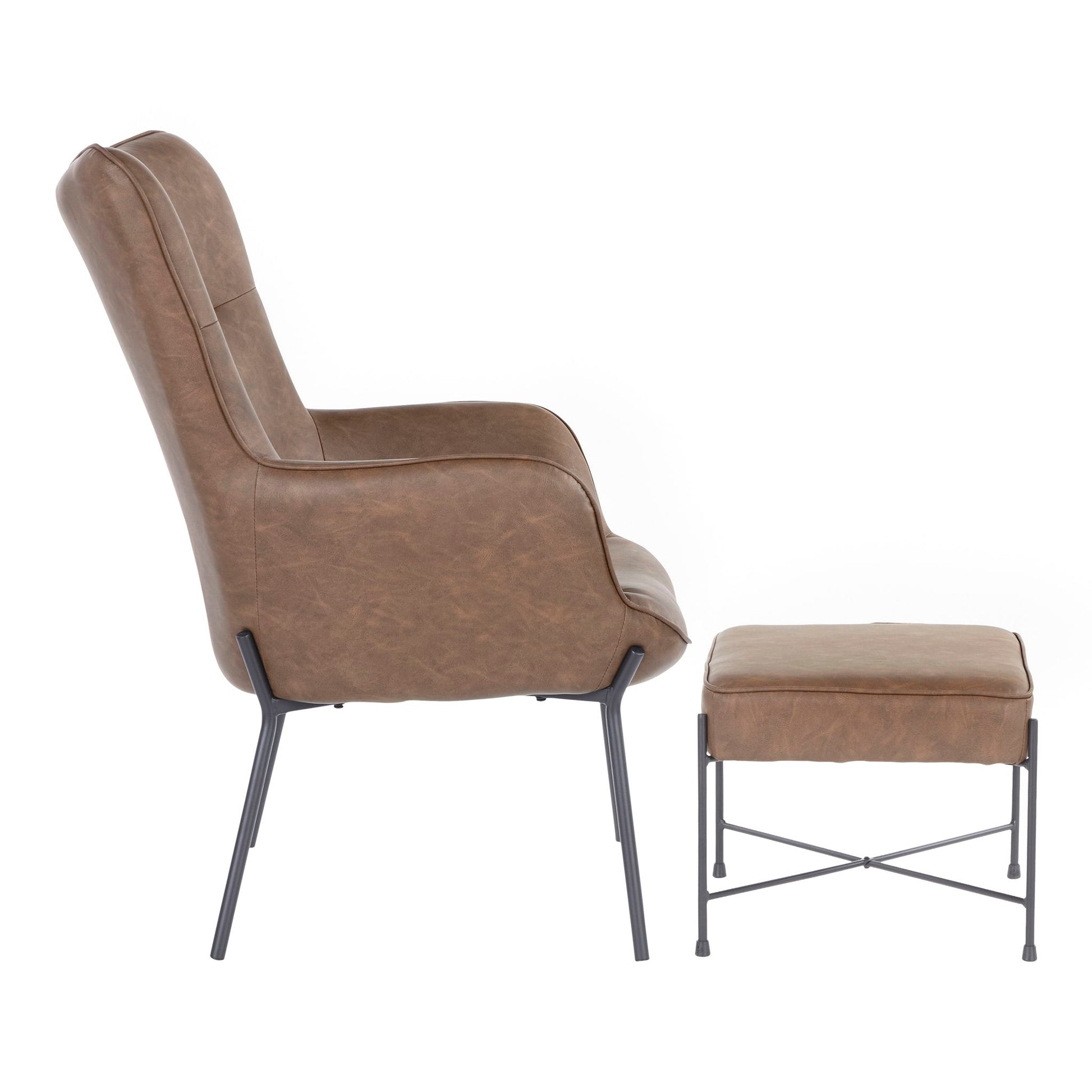 Side view of the Izzy - Industrial Lounge Chair & Ottoman Set, featuring brown leather upholstery, black metal legs, and a modern minimalist design. Both chair and ottoman are perfectly matched for style and comfort.