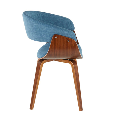The Vintage Mod - Mid Century Modern Dining Chair (Set of 2) features a curved wooden frame, angled legs, and blue upholstered seat and backrest, blending mid-century and contemporary styles in a modern design.
