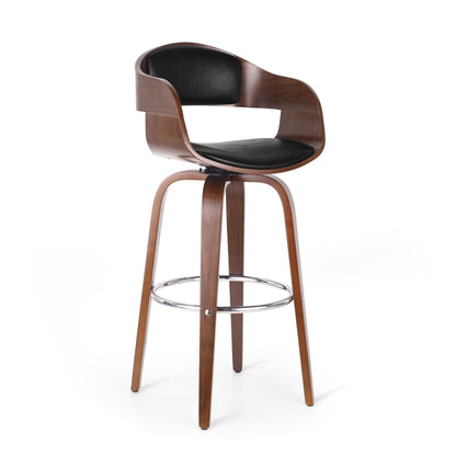 The Modern Bar Stool, Swivel Function features a curved wooden frame, black cushioned seat and backrest, four wooden legs, and a circular chrome footrest.
