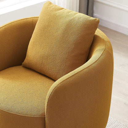 The Dylan - Boucle Lounge Chair in mustard yellow features rounded arms and comes with a matching square cushion, shown on a light wood floor near a window with sheer curtains.