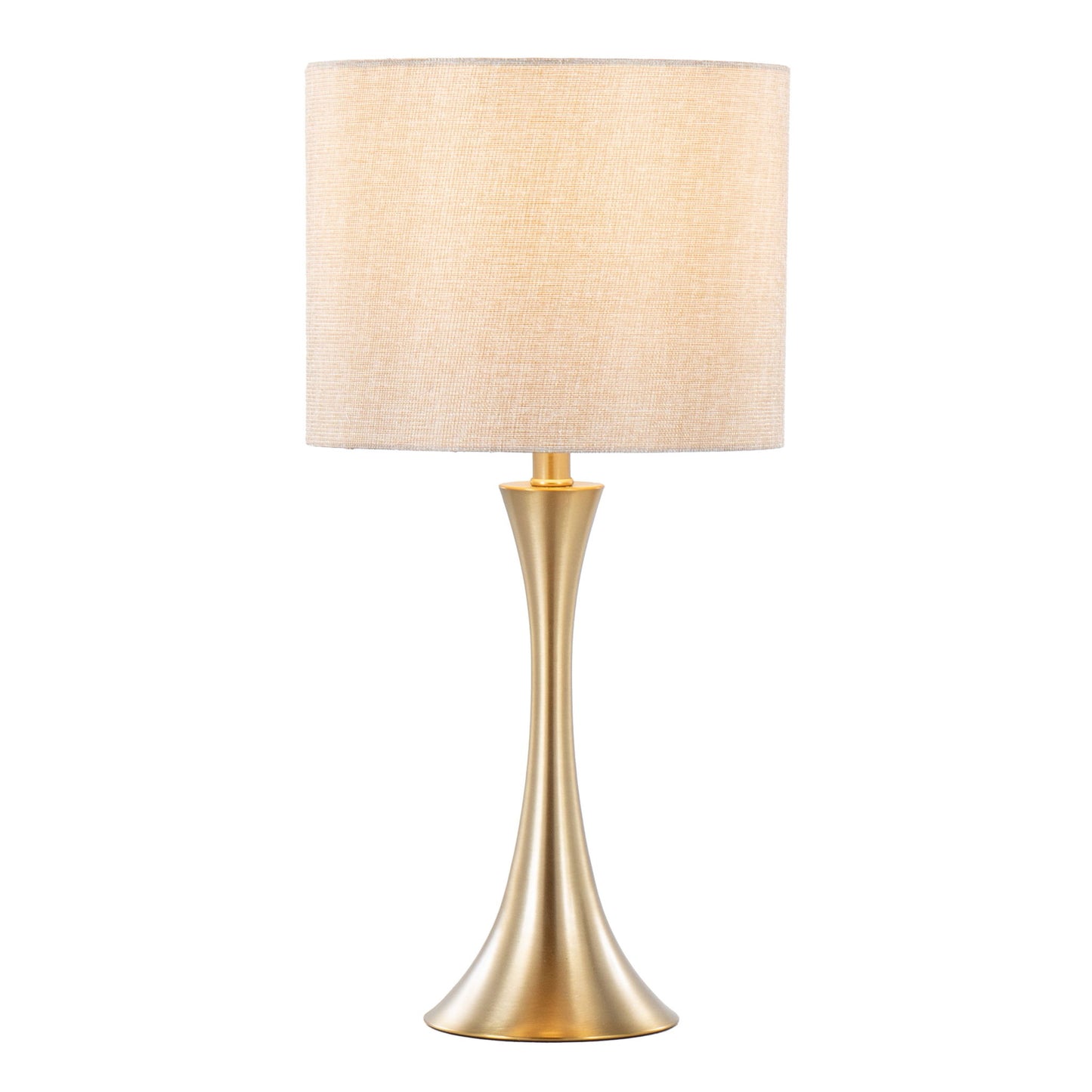 The Lenuxe Contemporary & Modern Design Table Lamp (Set of 2) features a beige fabric drum shade and a sleek, curved gold metal base, shown standing on a white background.