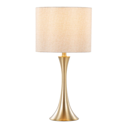 The Lenuxe Contemporary & Modern Design Table Lamp (Set of 2) features a beige fabric drum shade and a sleek, curved gold metal base, shown standing on a white background.