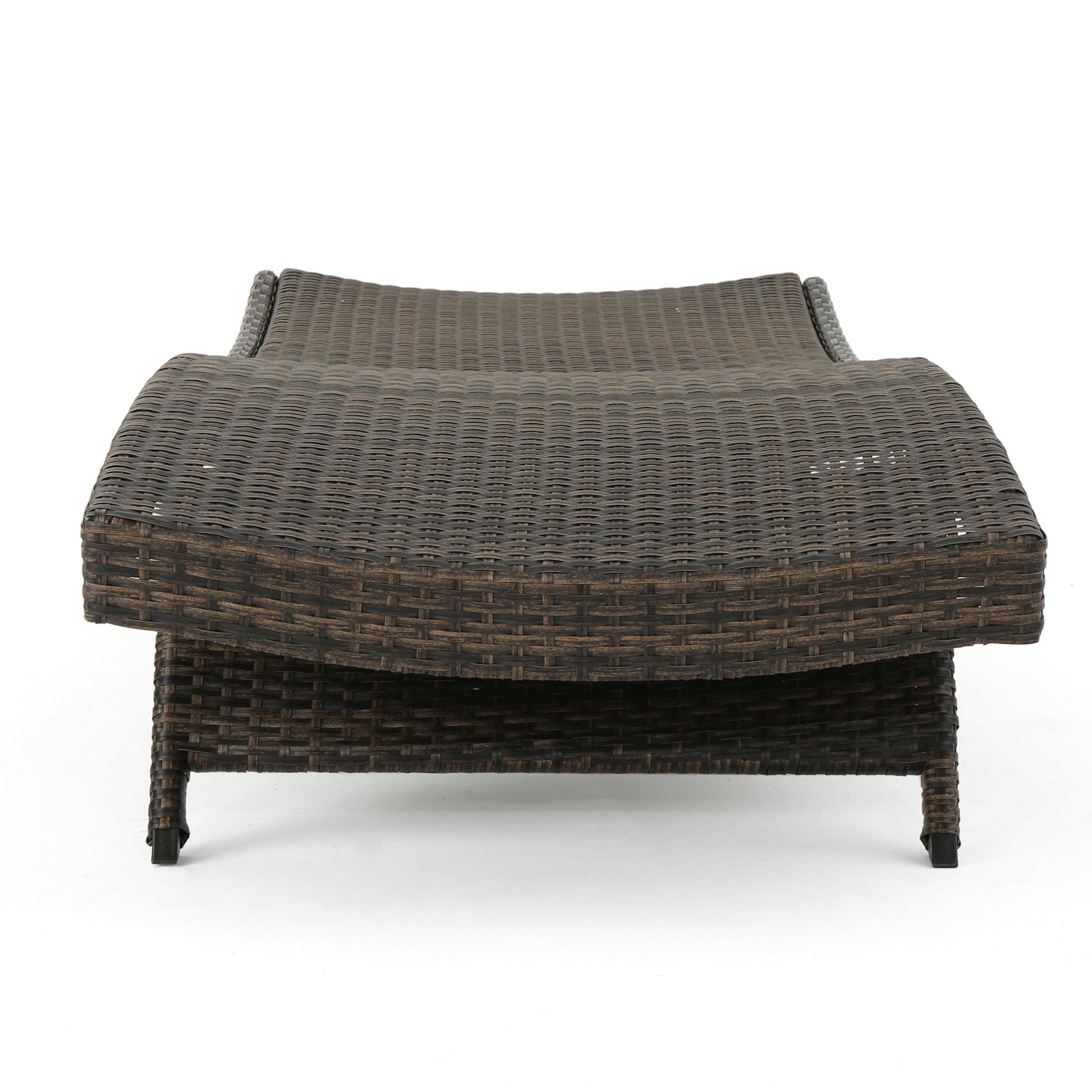 The Salem - Chaise Lounge is a brown woven wicker outdoor chaise with a curved seat and backrest, shown from the front on a white background.
