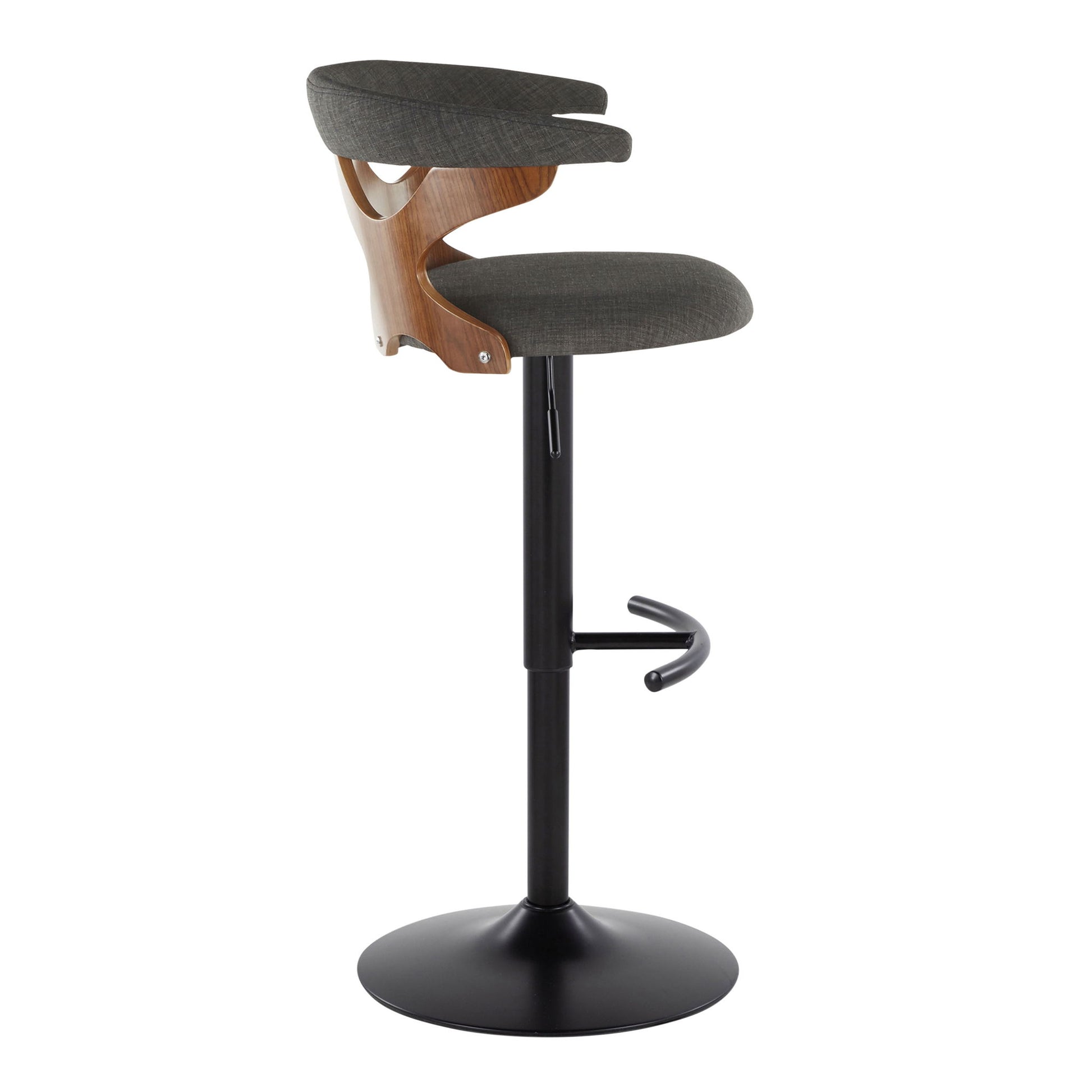 The Gardenia Contemporary Adjustable Barstool (Set of 2) features a curved, padded gray seat and backrest with wooden accents, a black swivel base, and a rounded T footrest for sleek, modern style.