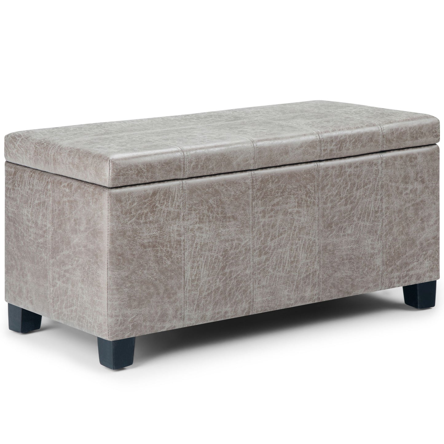 The Dover Upholstered Storage Ottoman Bench features a cushioned lid in light gray faux leather and short black legs, shown against a white background.